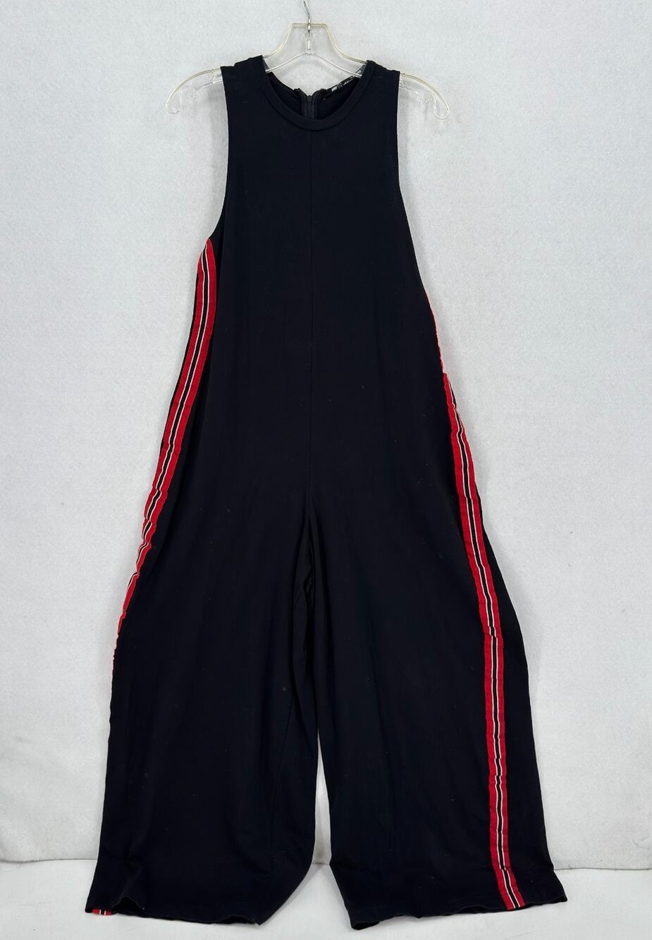 Vintage Zara Trafaluc Black Red Side Stripe Wide Leg Athletic Jumpsuit Sz M